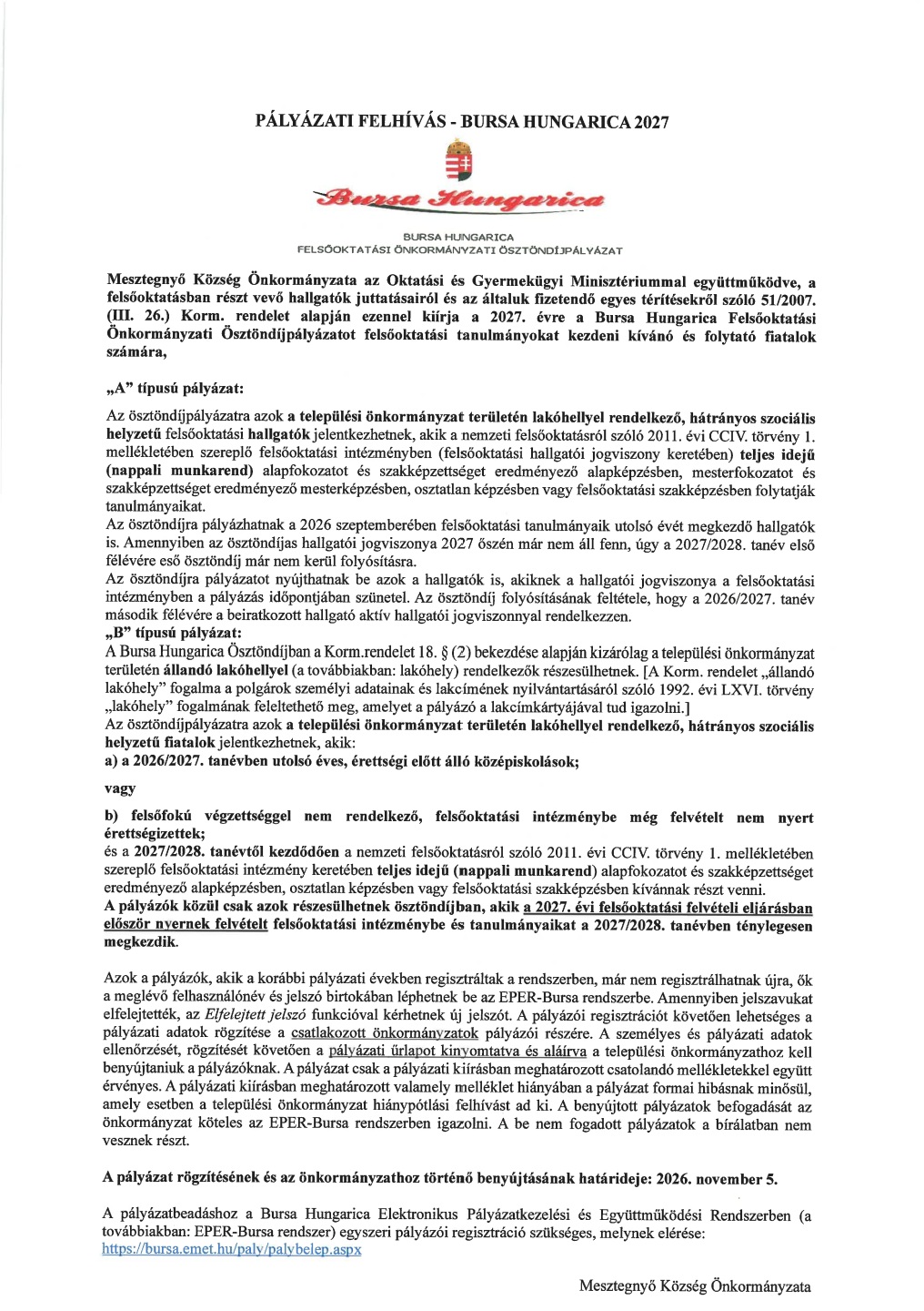 Hirdetmény BURSA 2027 261002 113947