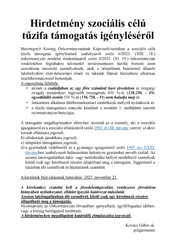 Hirdetmény szociális célú tűzifa támogatás igénylé 251120 080542
