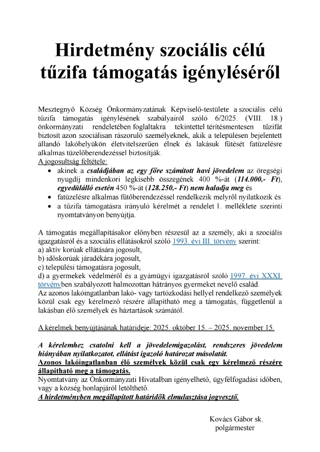 szociális célú tűzifa támogatás igénylé